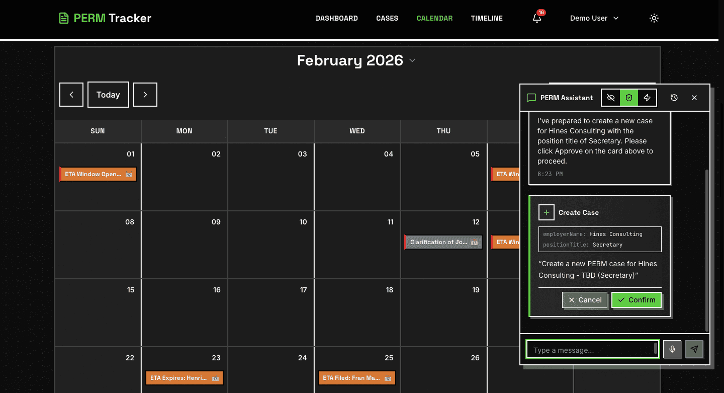 Calendar view with color-coded PERM deadlines and AI assistant chat