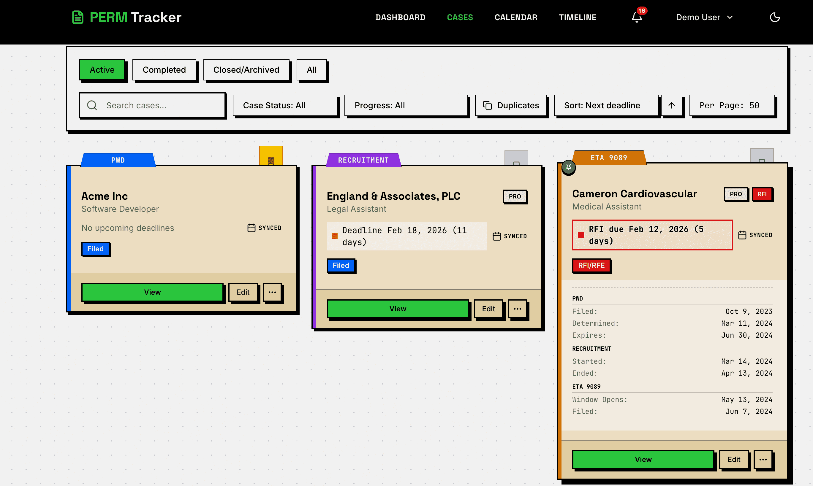 Cases view with filterable case cards showing status, deadlines, and progress