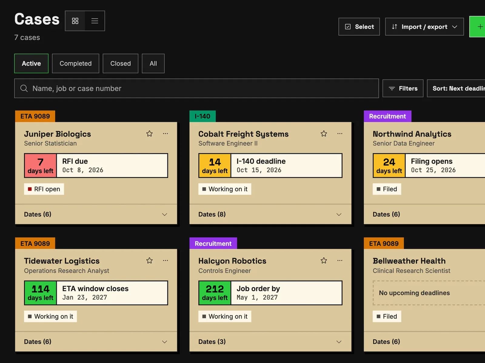 The PERM Tracker case list in dark mode