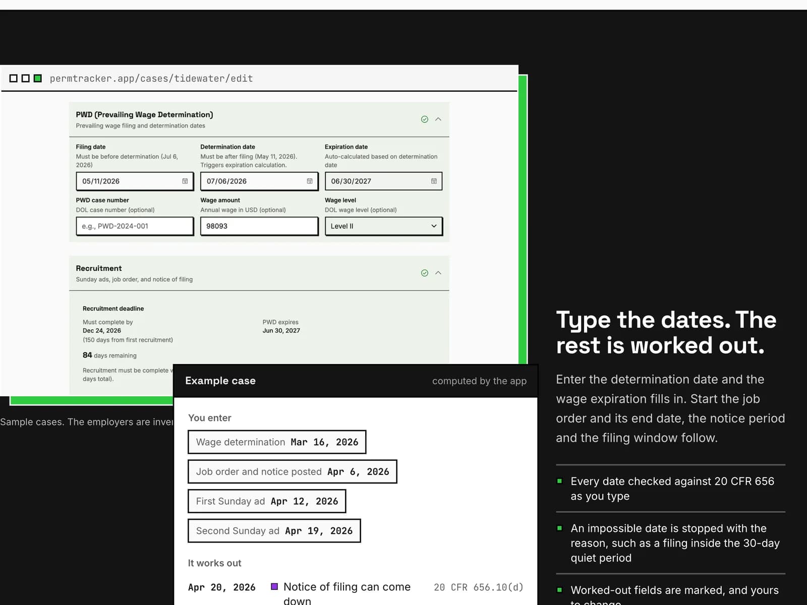 A PERM case form that works out the deadlines from the dates entered