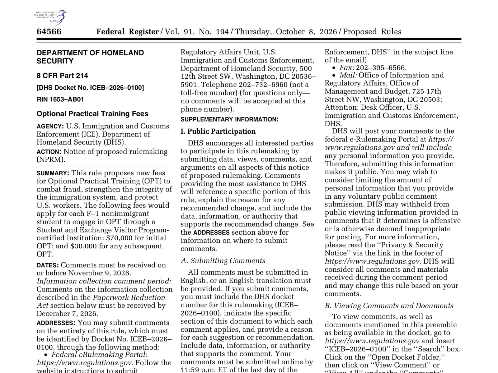 The first page of the Federal Register proposal to charge fees for Optional Practical Training