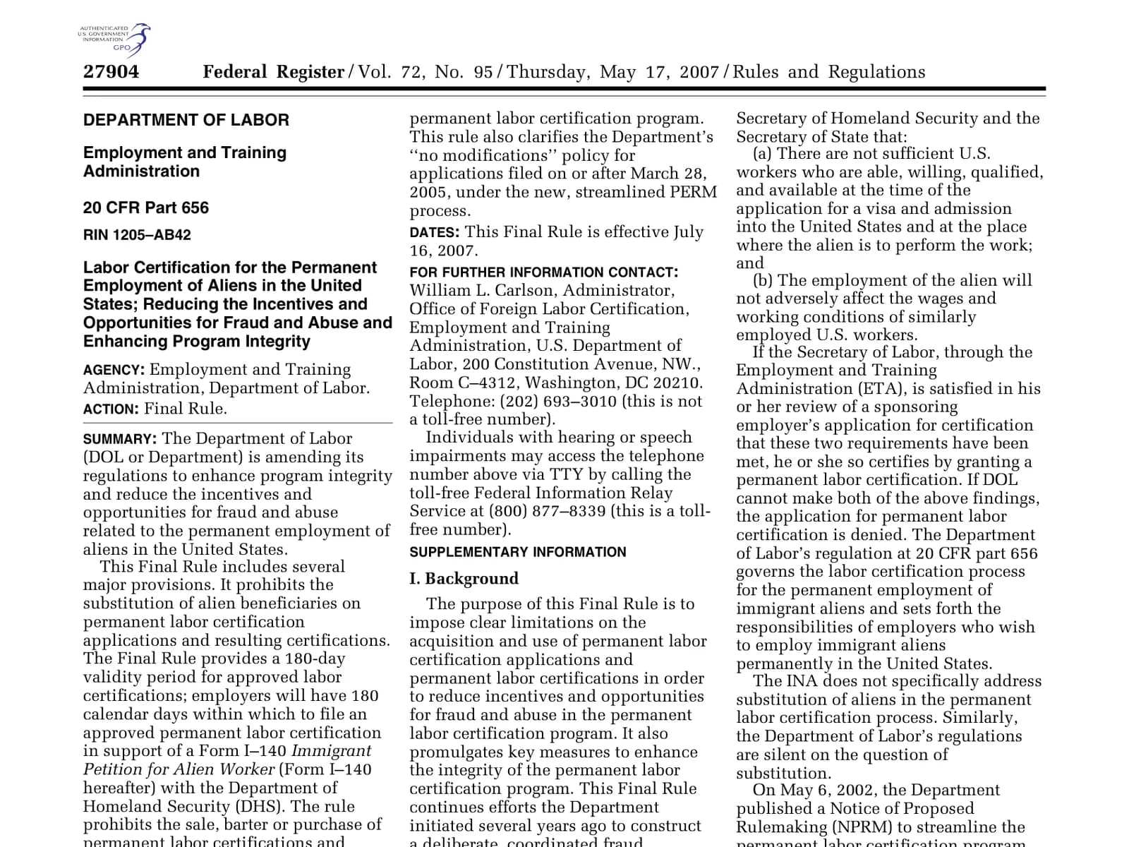 The first page of the 2007 PERM rule that made the employer pay its own attorney's fees
