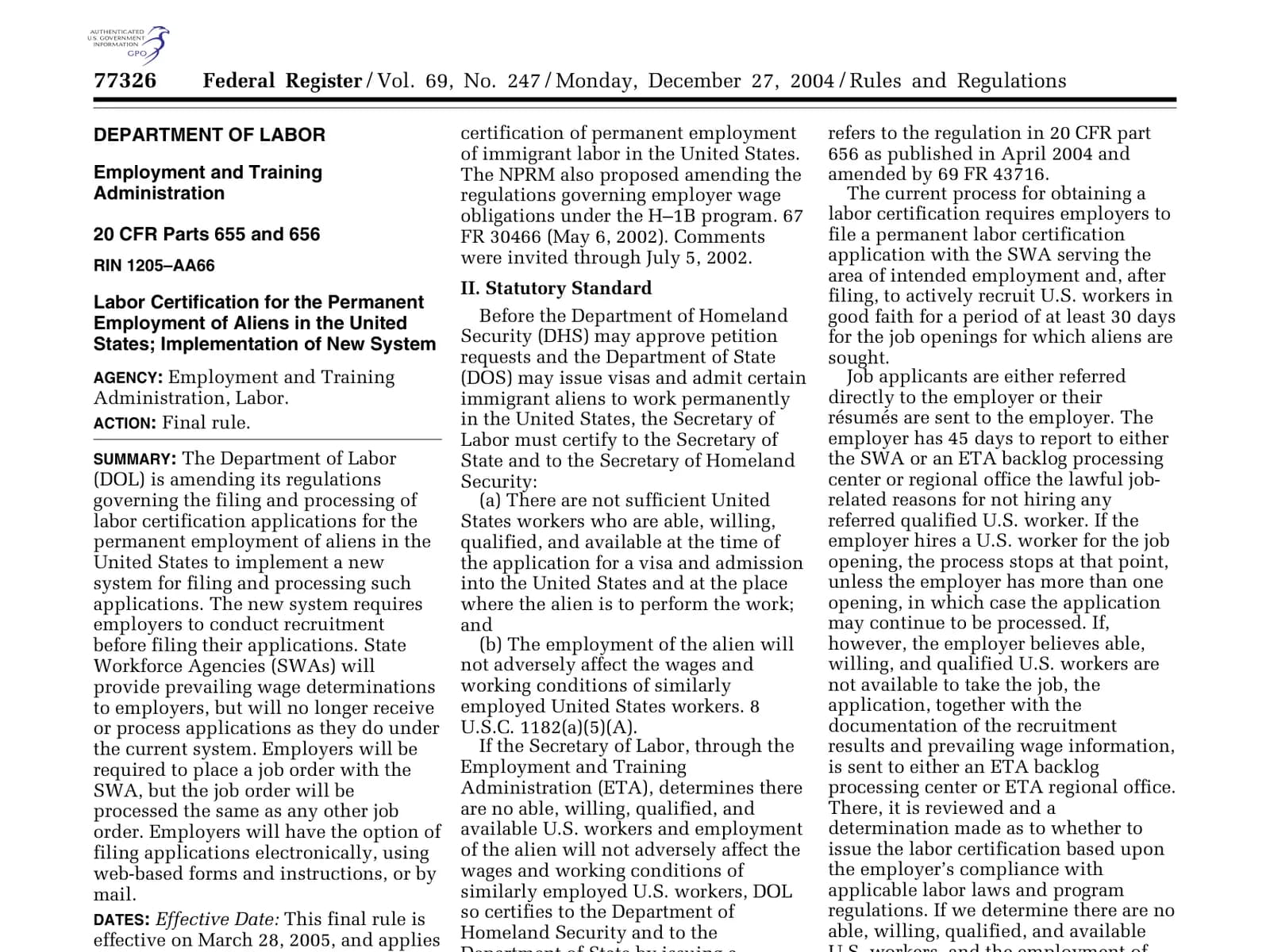 The first page of the 2004 rule that created PERM, the rule a new proposal would change