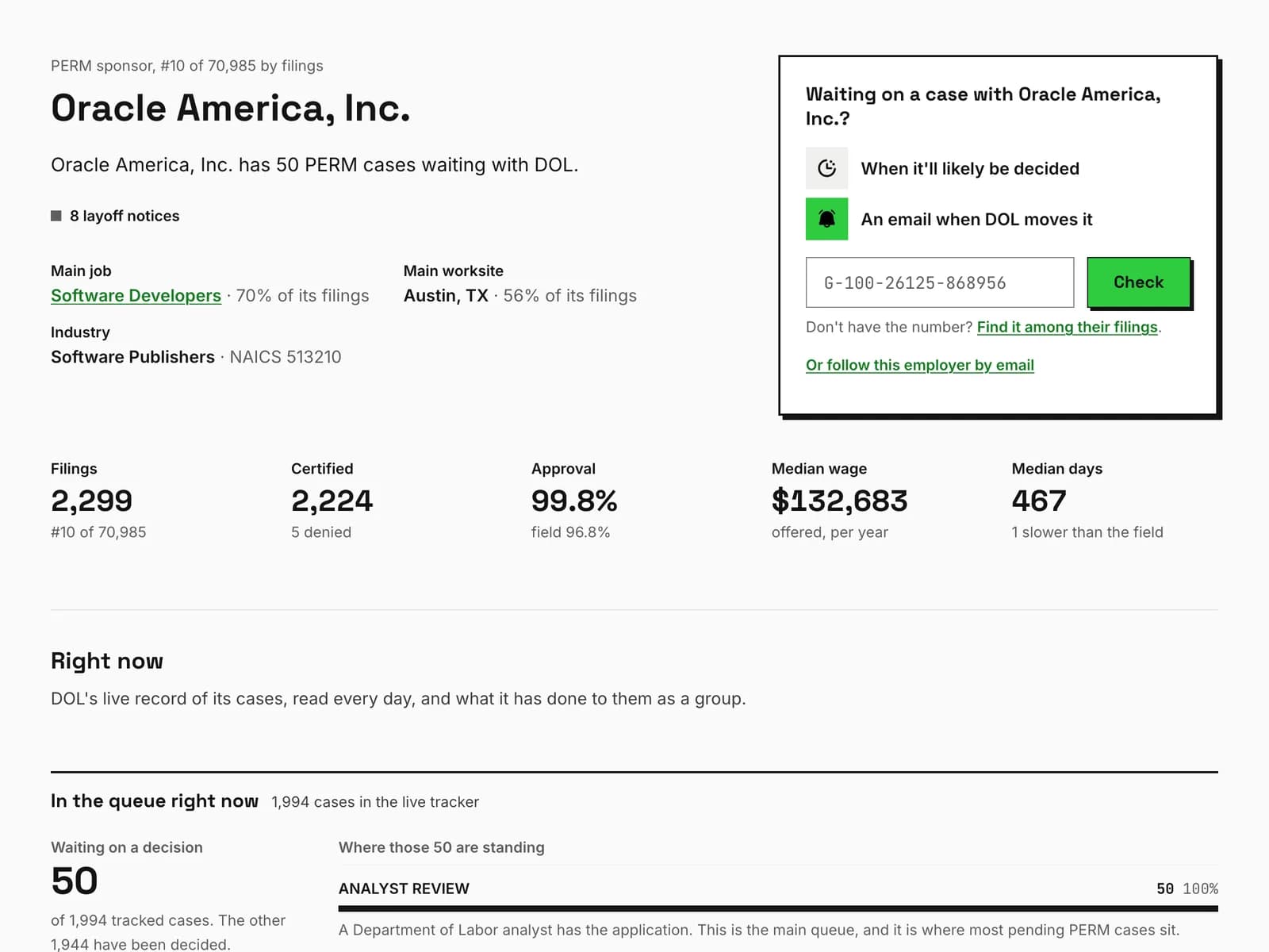 Oracle's PERM record on permtracker.app, from DOL's disclosure files and its live case statuses