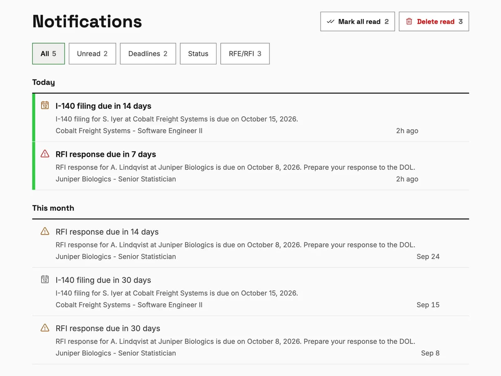 PERM Tracker notifications: deadline reminders and status changes, newest first