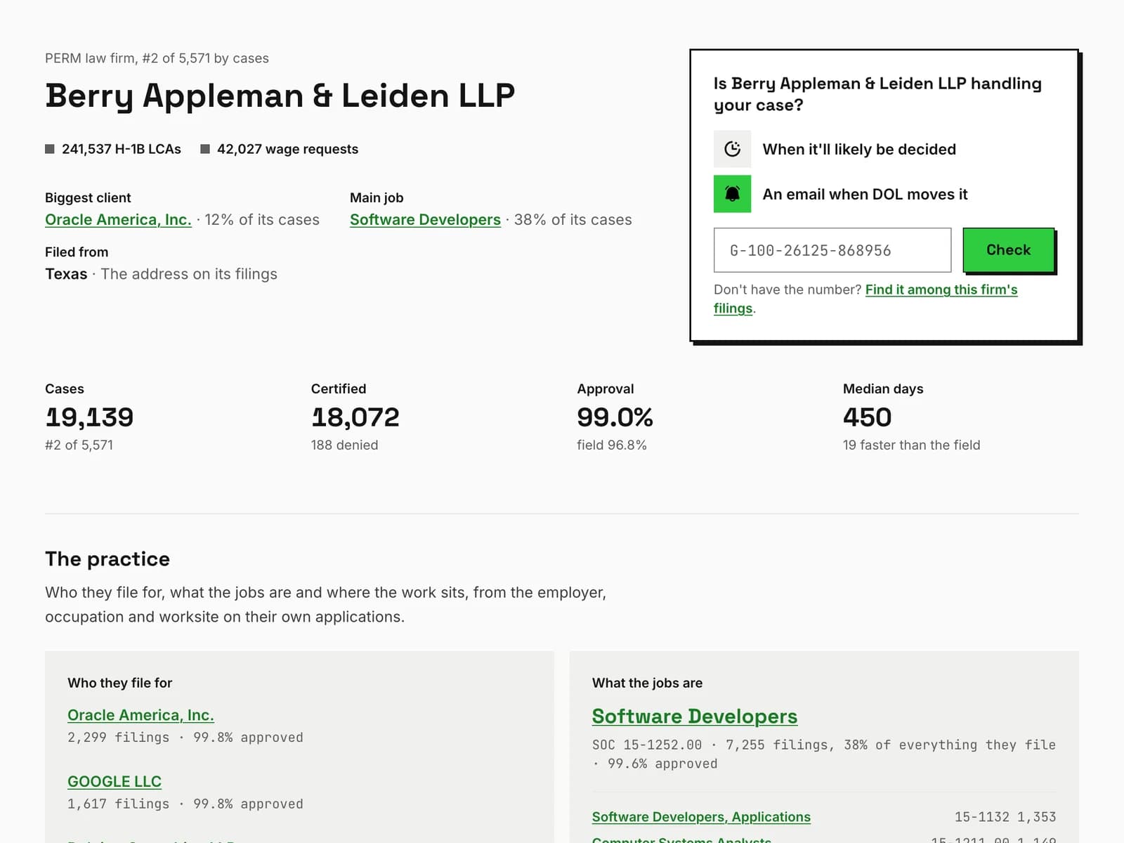 Berry Appleman & Leiden's PERM record on permtracker.app
