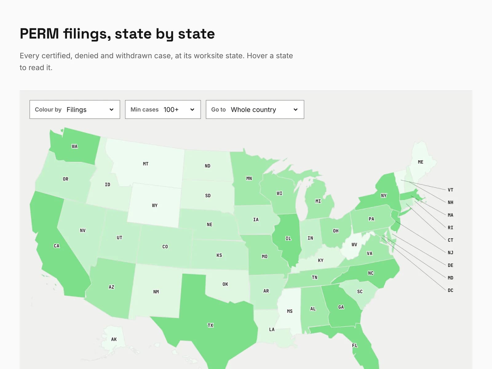 PERM filings state by state, as a map
