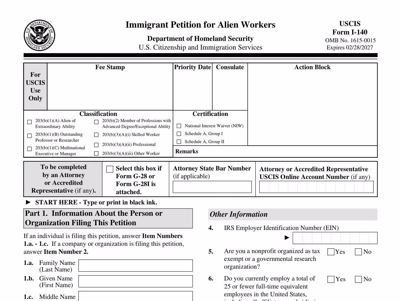 The first page of Form I-140, the Immigrant Petition for Alien Workers