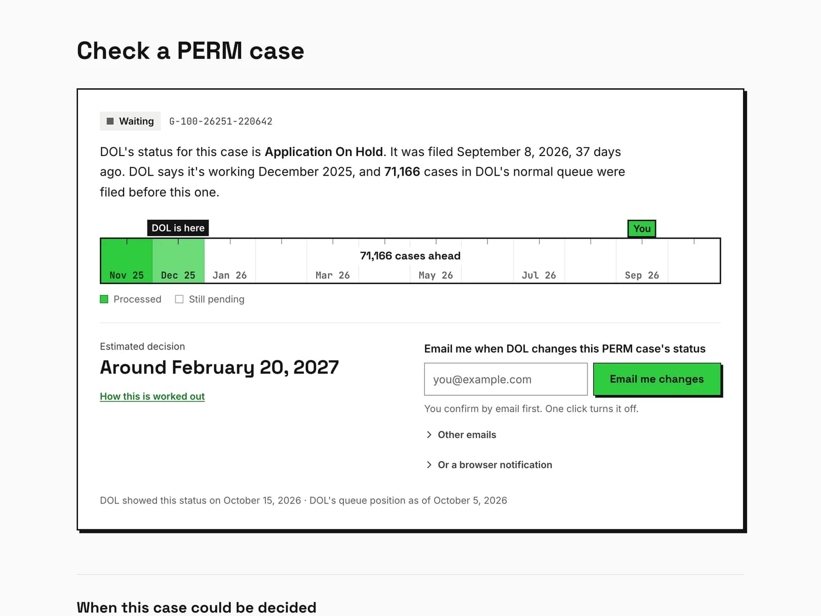 A PERM case looked up on permtracker.app: DOL's status in plain English and the estimated decision date