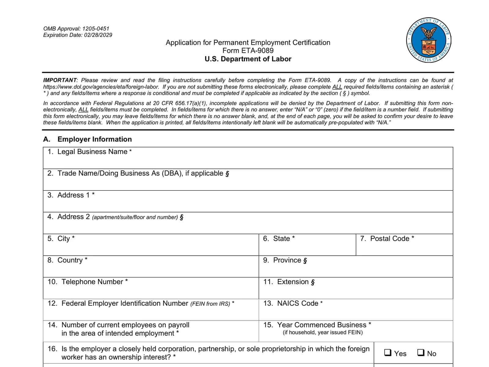 The first page of Form ETA-9089, the Application for Permanent Employment Certification, with the Labor Department's seal