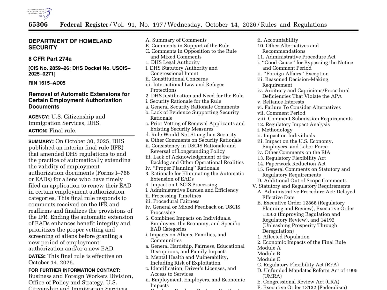 The first page of the final rule removing automatic extensions for certain EADs