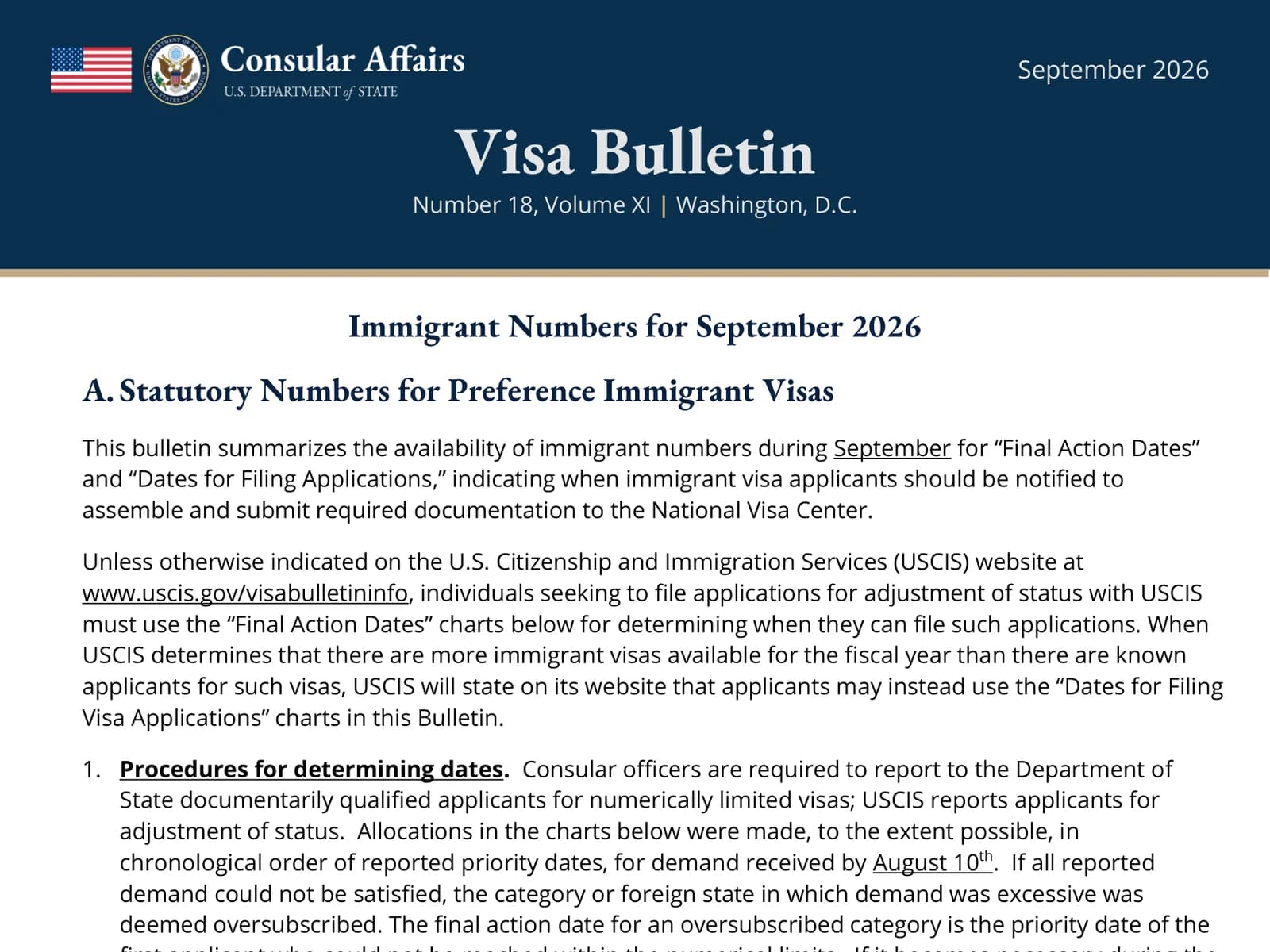 The first page of the State Department's Visa Bulletin for September 2026