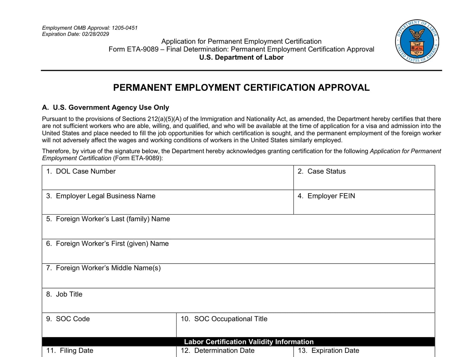 DOL's final determination: the certification approval with its filing, determination and expiration dates