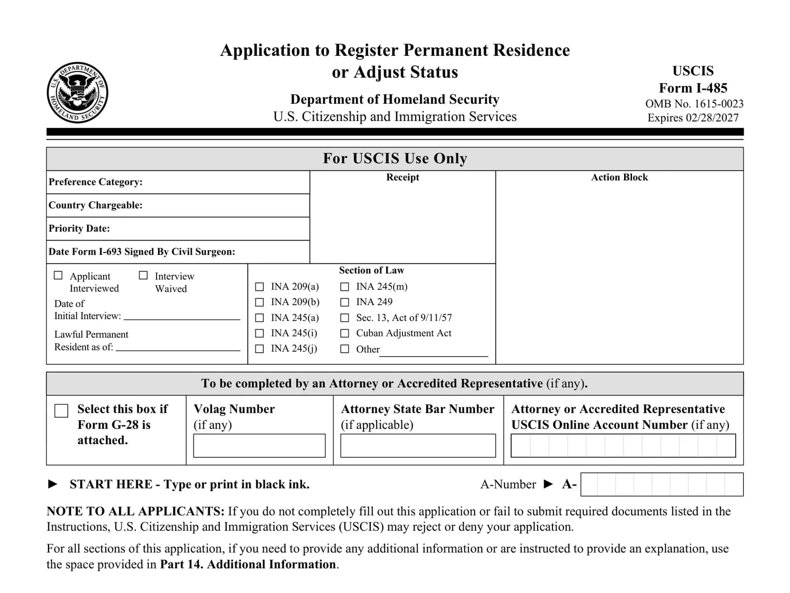 The first page of Form I-485, the Application to Register Permanent Residence or Adjust Status