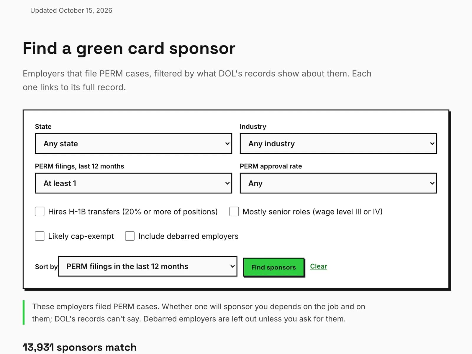 The sponsor finder on permtracker.app, filtering PERM sponsors by their record