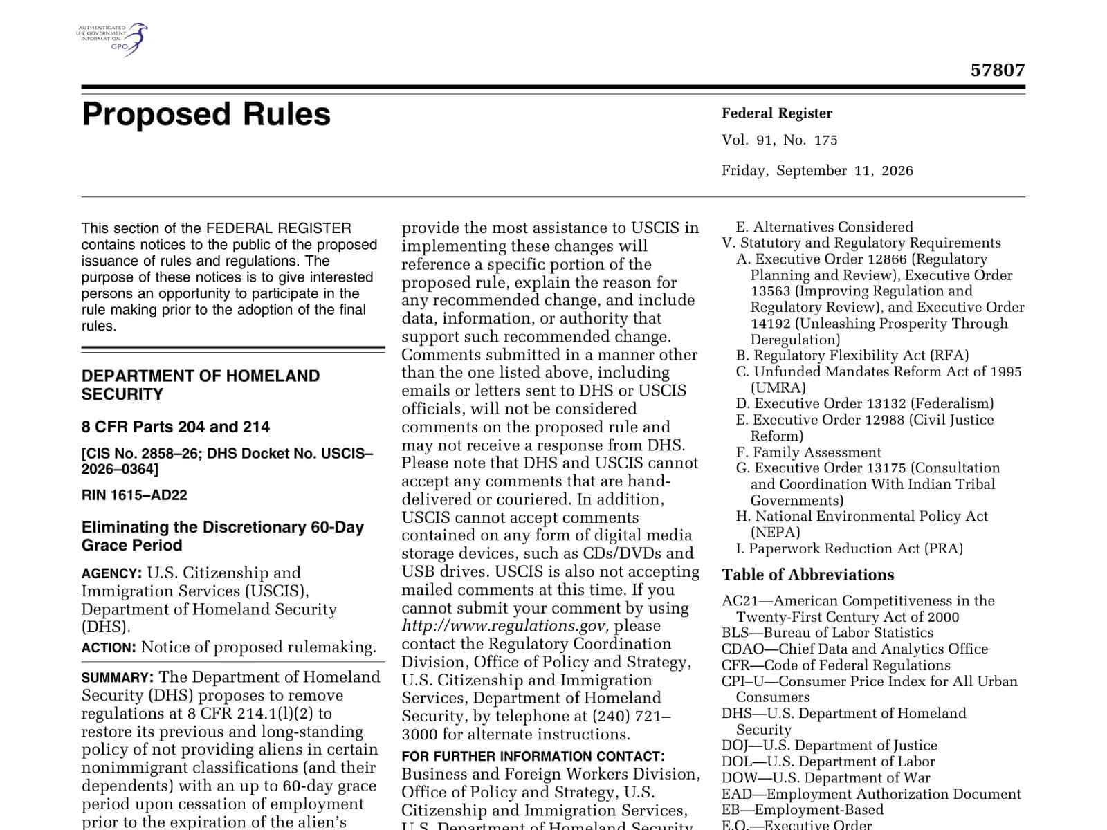 The first page of the Federal Register proposal to end the discretionary 60-day grace period