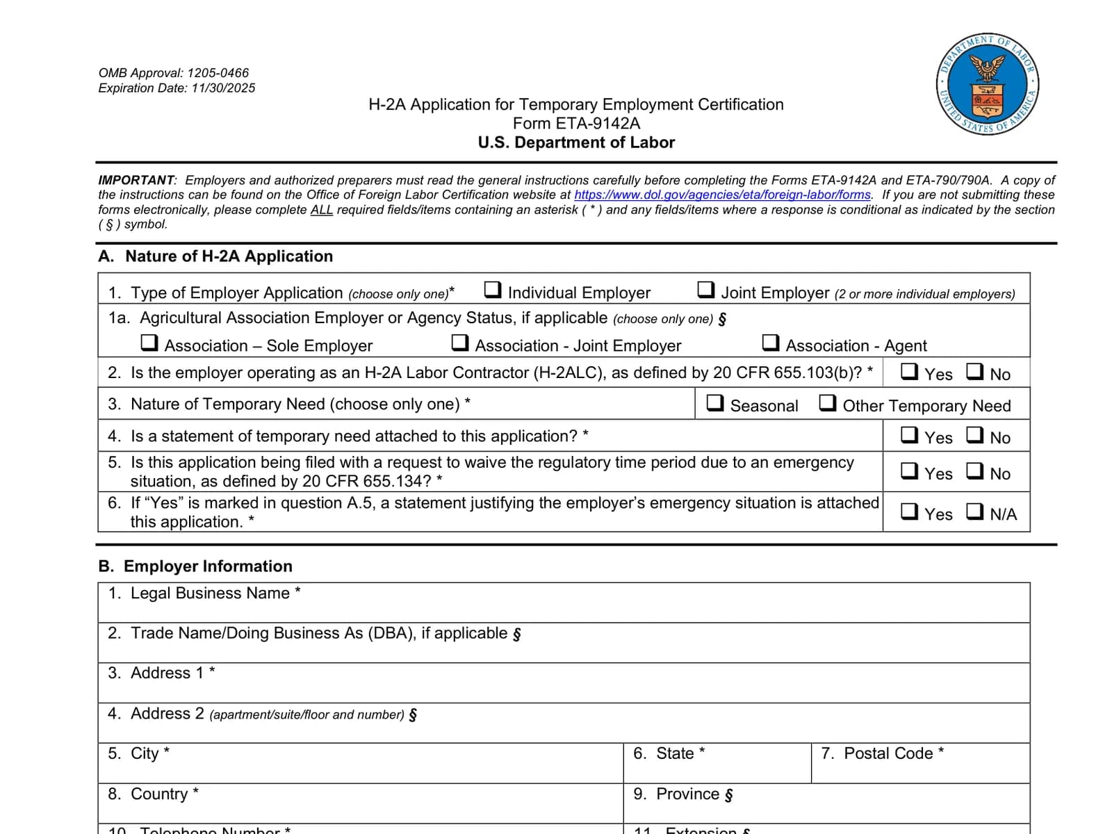 The first page of Form ETA-9142A, the H-2A Application for Temporary Employment Certification