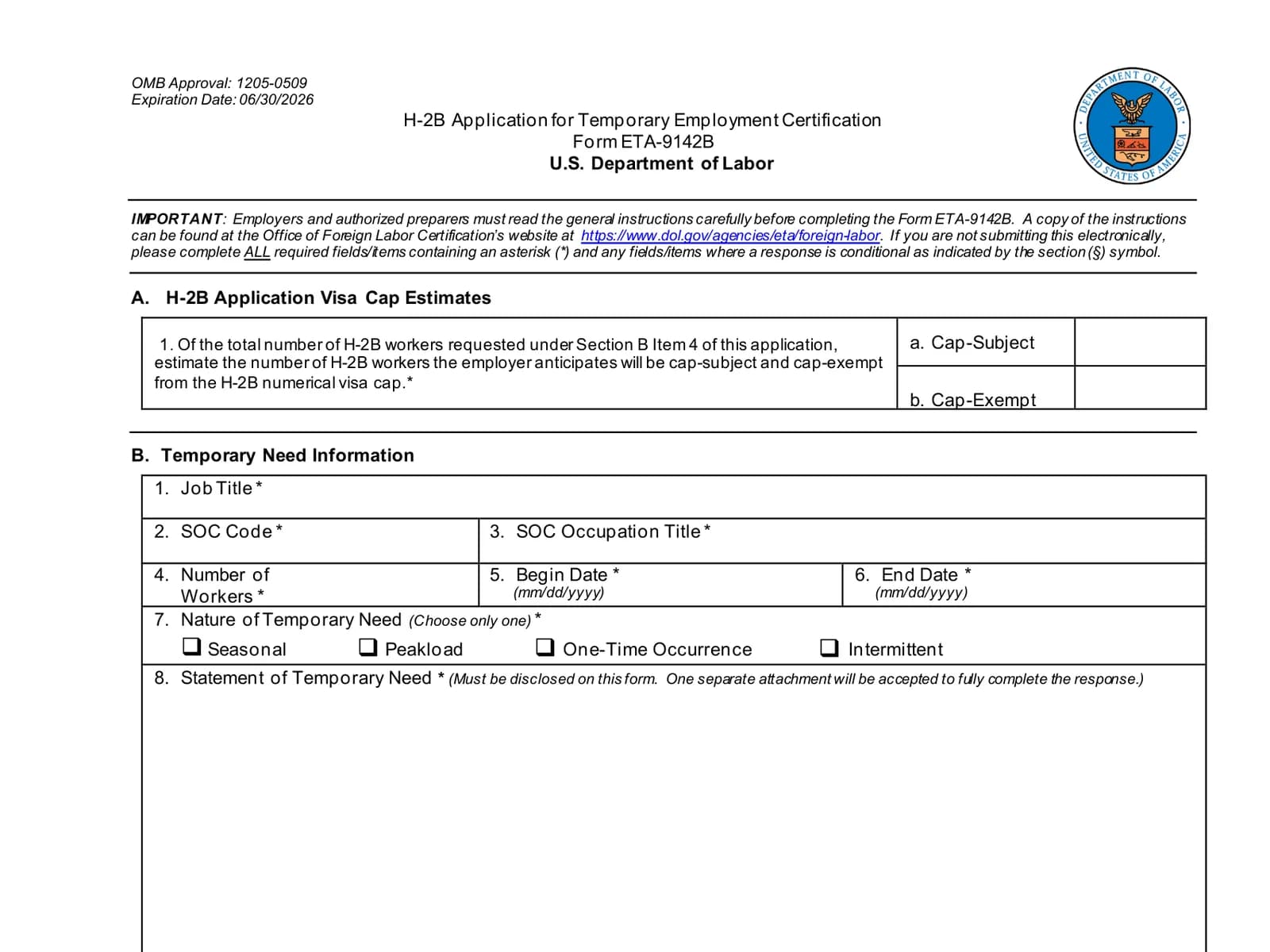 The first page of Form ETA-9142B, the H-2B Application for Temporary Employment Certification