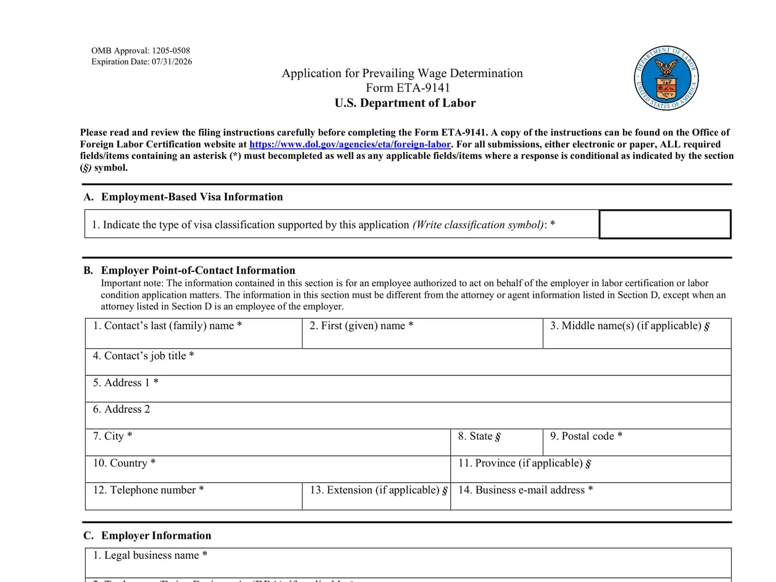 The first page of Form ETA-9141, the Application for Prevailing Wage Determination