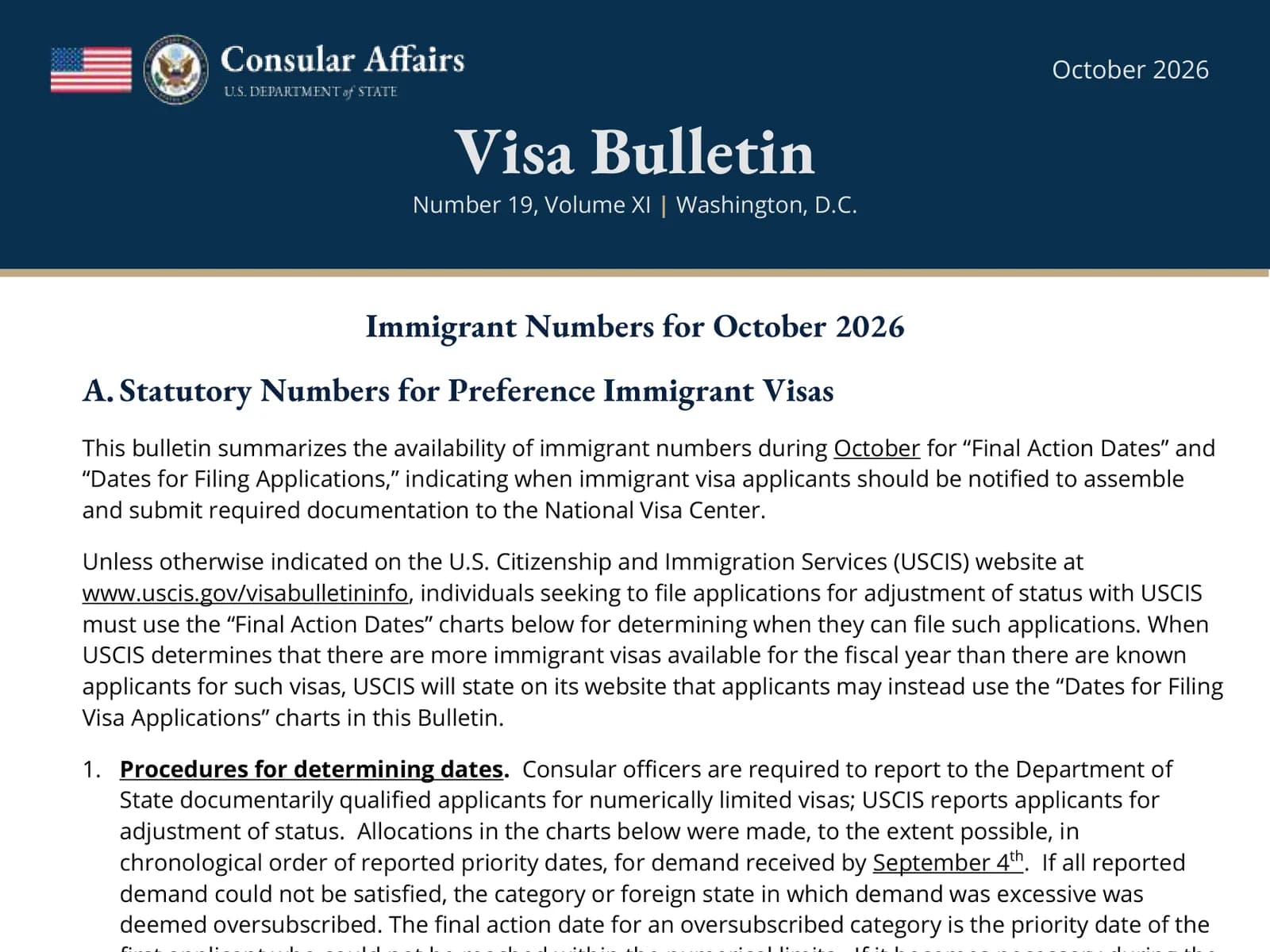 The first page of the State Department's Visa Bulletin for October 2026