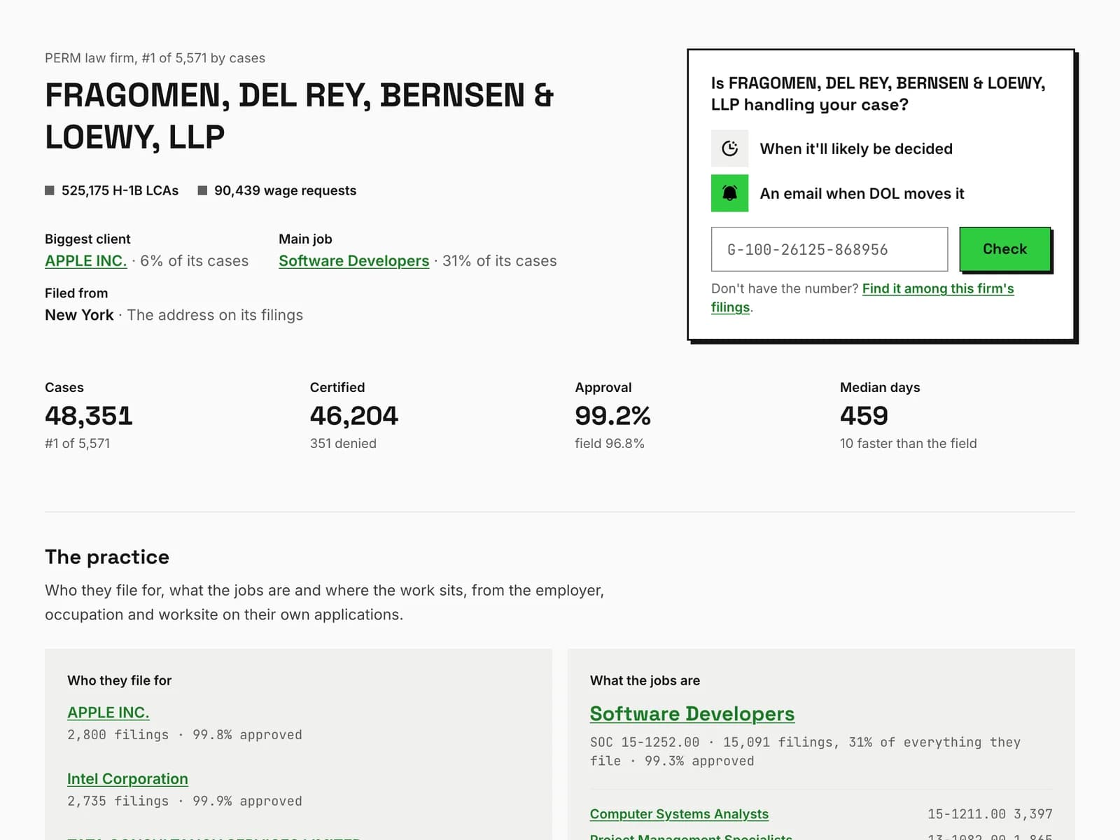Fragomen's PERM record on permtracker.app: cases filed, approval rate and median days