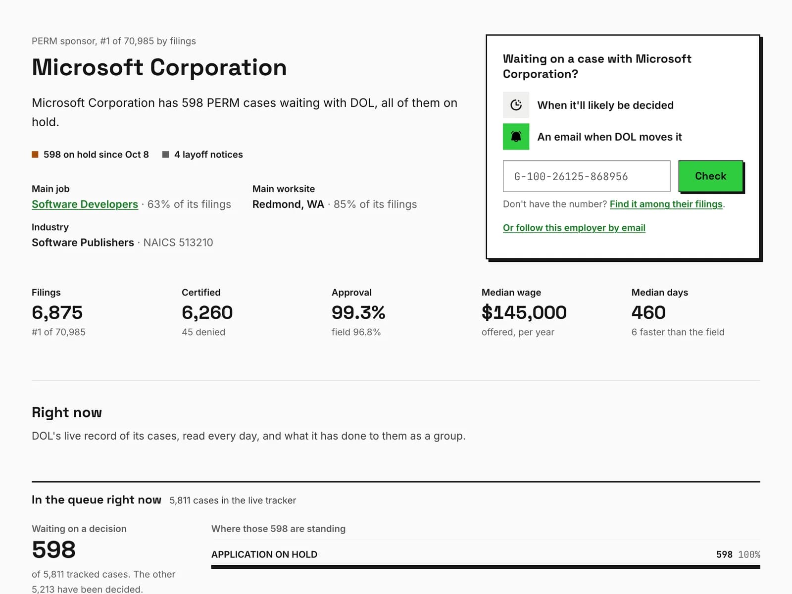 Microsoft's PERM record on permtracker.app, with a case-number box to look up one of its cases