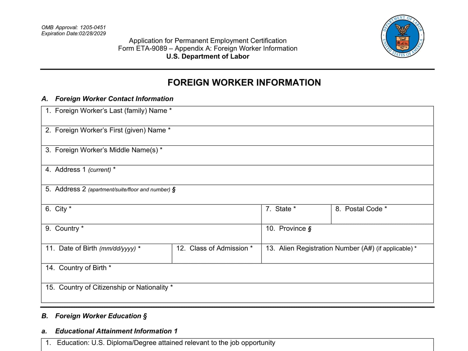 The first page of Appendix A to Form ETA-9089: the foreign worker's information and education
