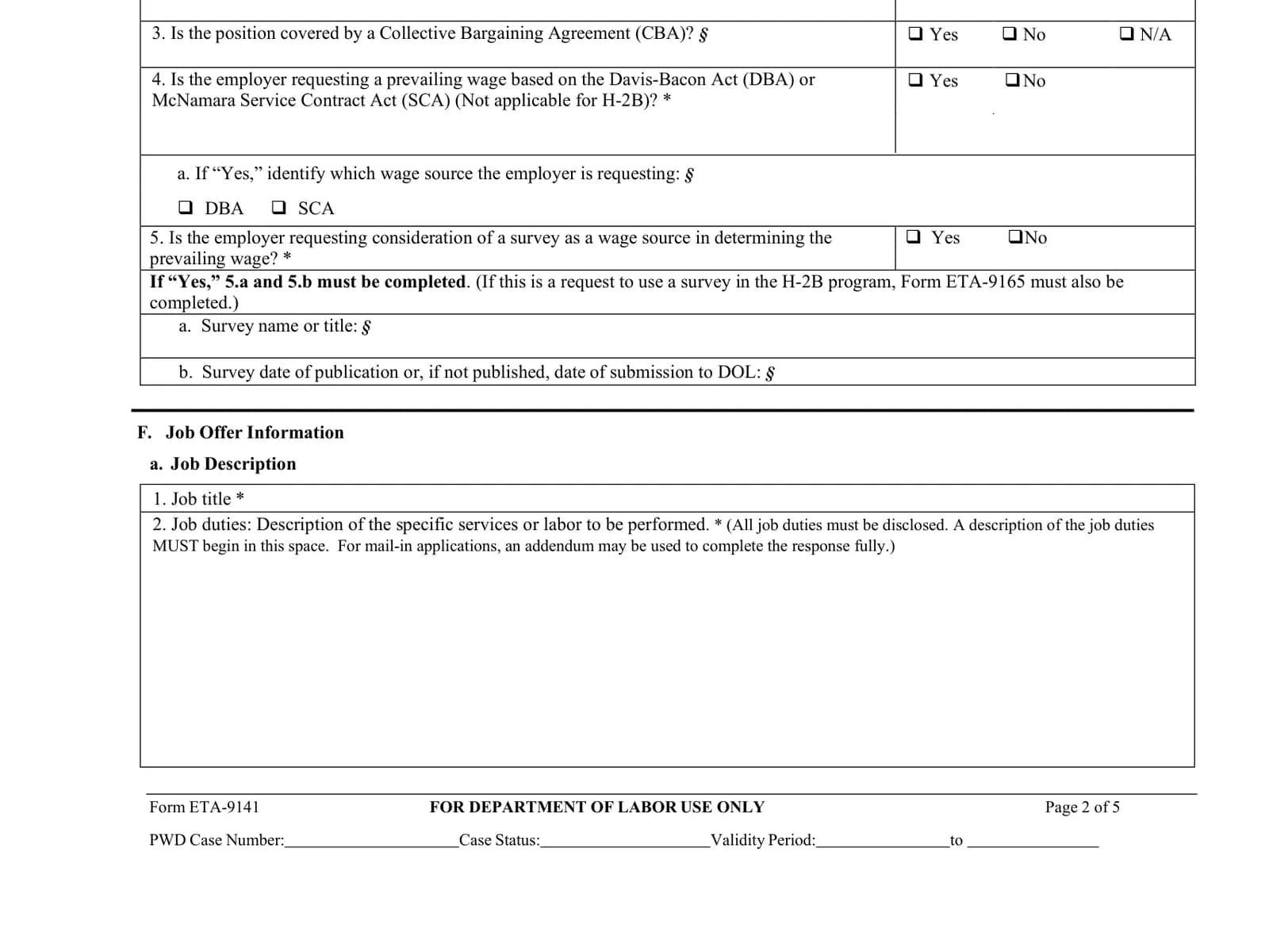 Form ETA-9141's job offer section, where an employer's answers end up