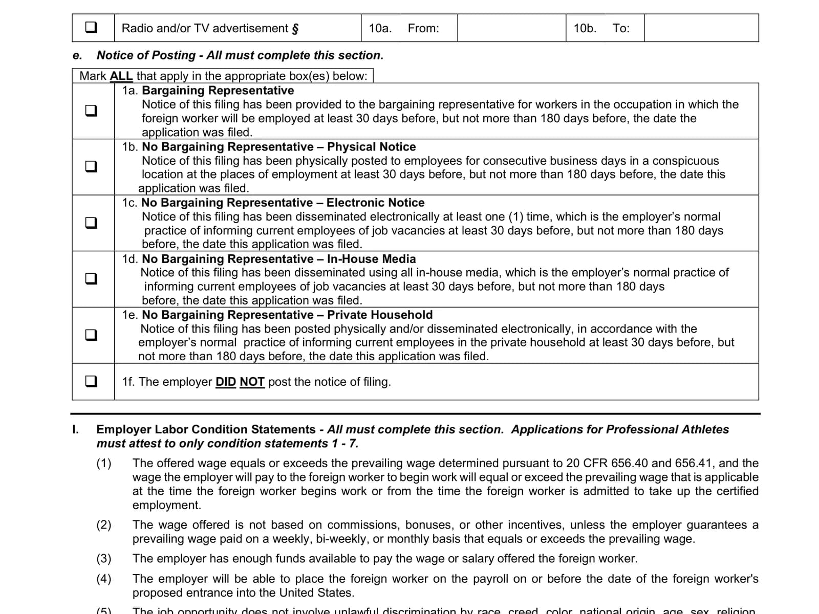 Form ETA-9089's notice of posting questions, from the bargaining representative to the employer's own media