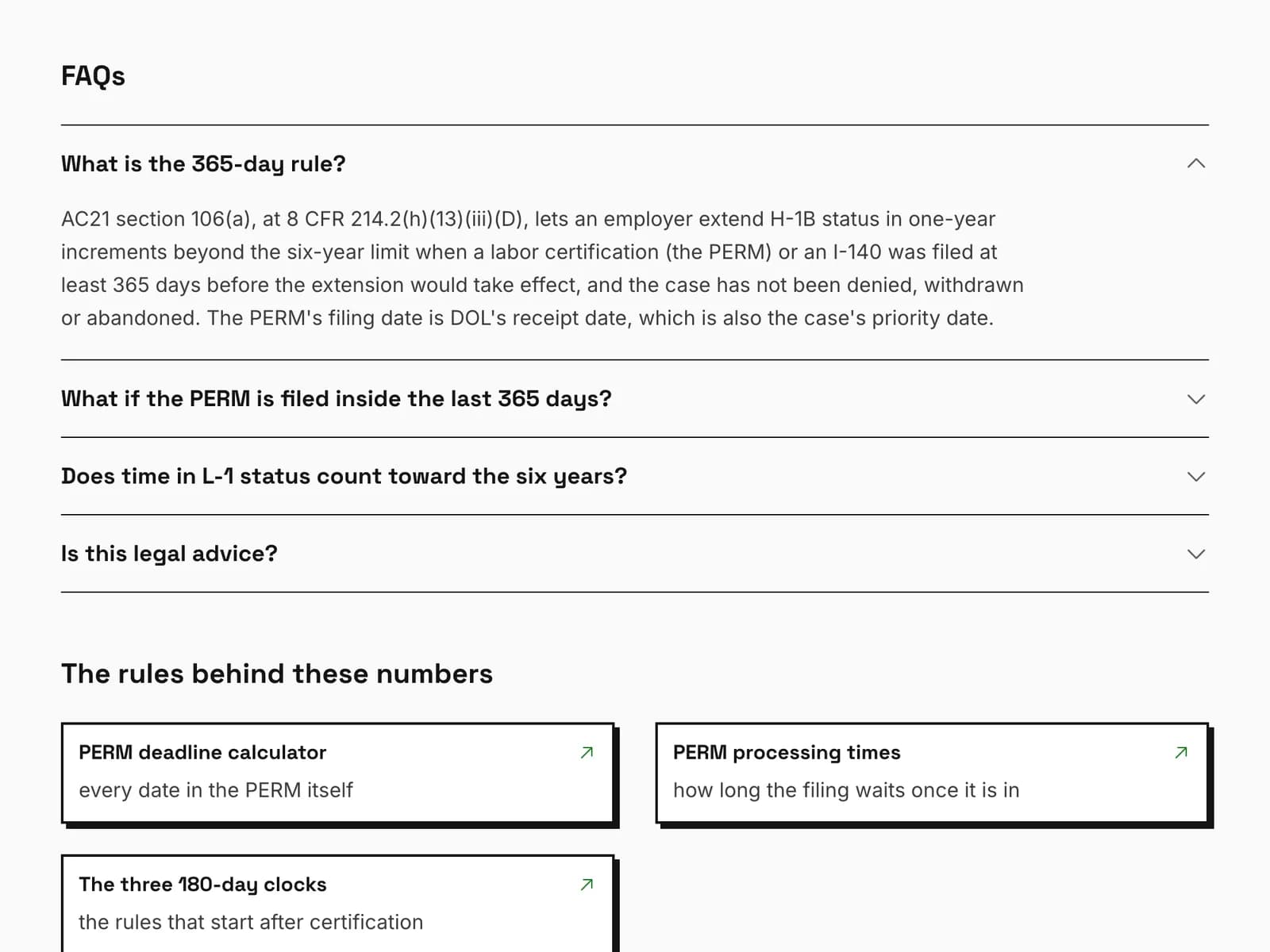 Questions on the H-1B six-year limit and the PERM 365-day rule, answered from the regulations