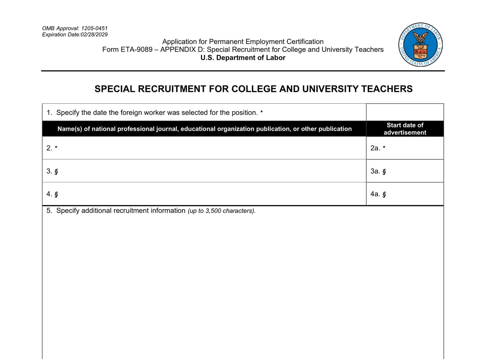 Appendix D of Form ETA-9089, special recruitment for college and university teachers