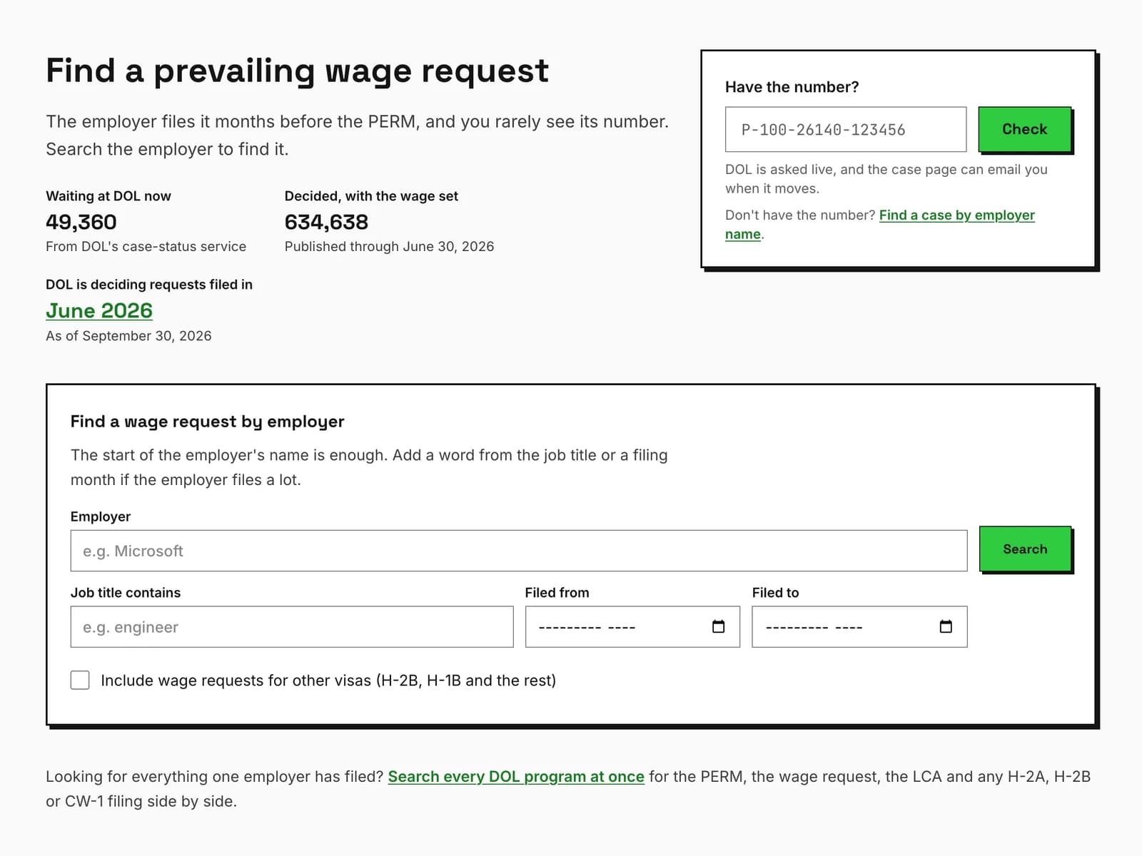 Prevailing wage requests on permtracker.app: the requests waiting at DOL, the decided ones, and a search by employer