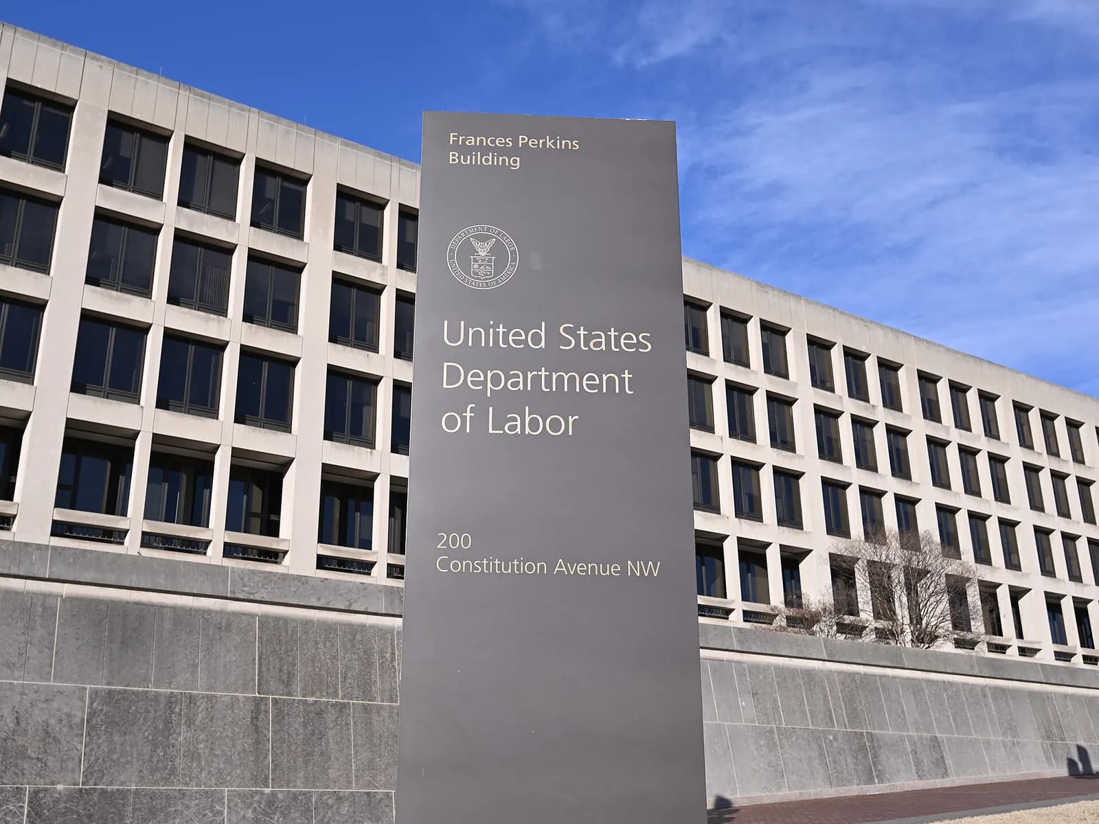 The sign outside the Frances Perkins Building, the Department of Labor's headquarters at 200 Constitution Avenue NW in Washington