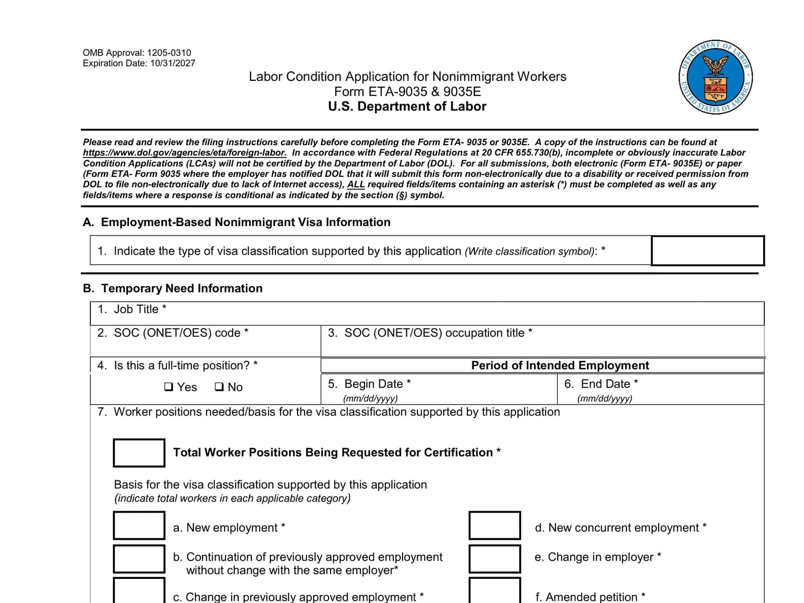 The first page of Form ETA-9035, the Labor Condition Application for nonimmigrant workers