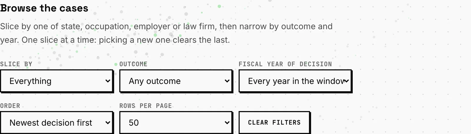 The case search form with an employer name typed in and the three programs listed beneath it