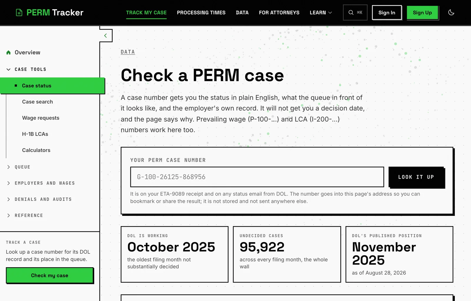 The case status lookup, which accepts G-, P- and I- numbers