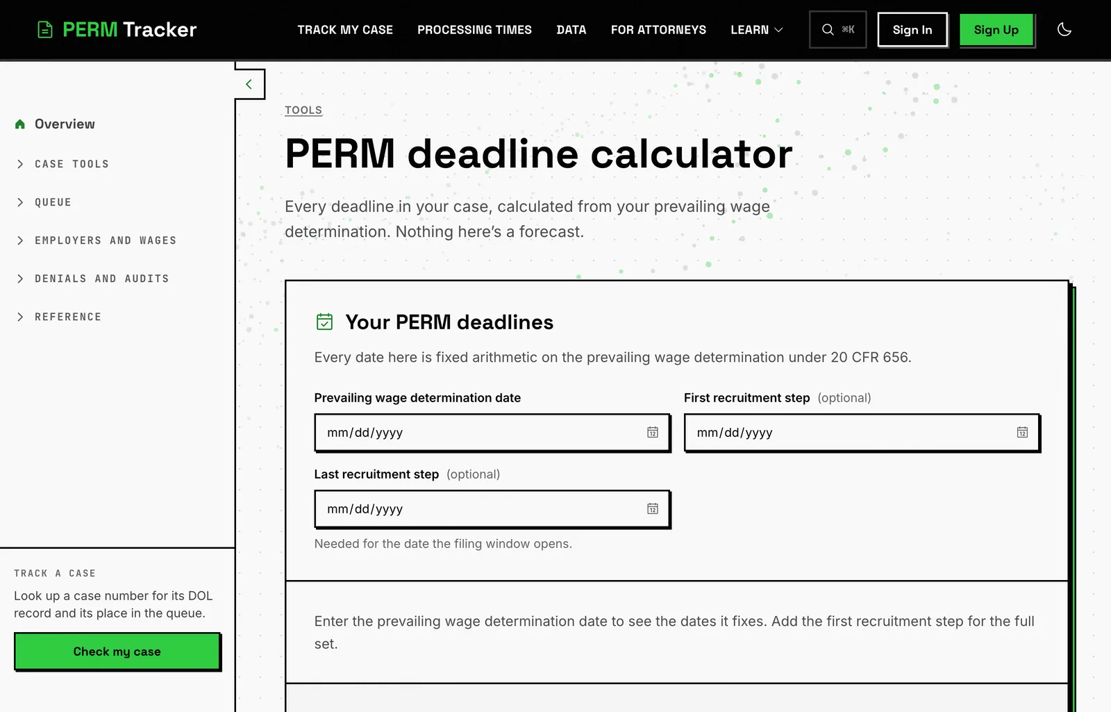 The PERM deadline calculator with three date inputs and the computed deadlines below