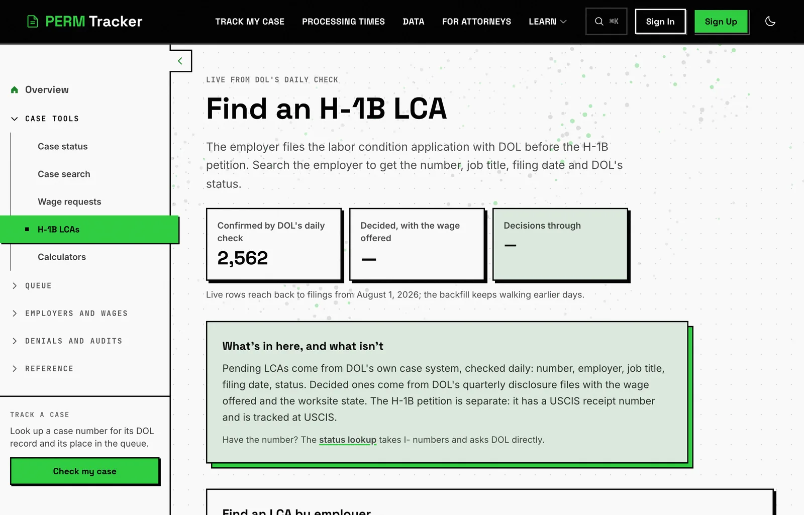 The LCA search page, showing the count held and how far back the filings reach