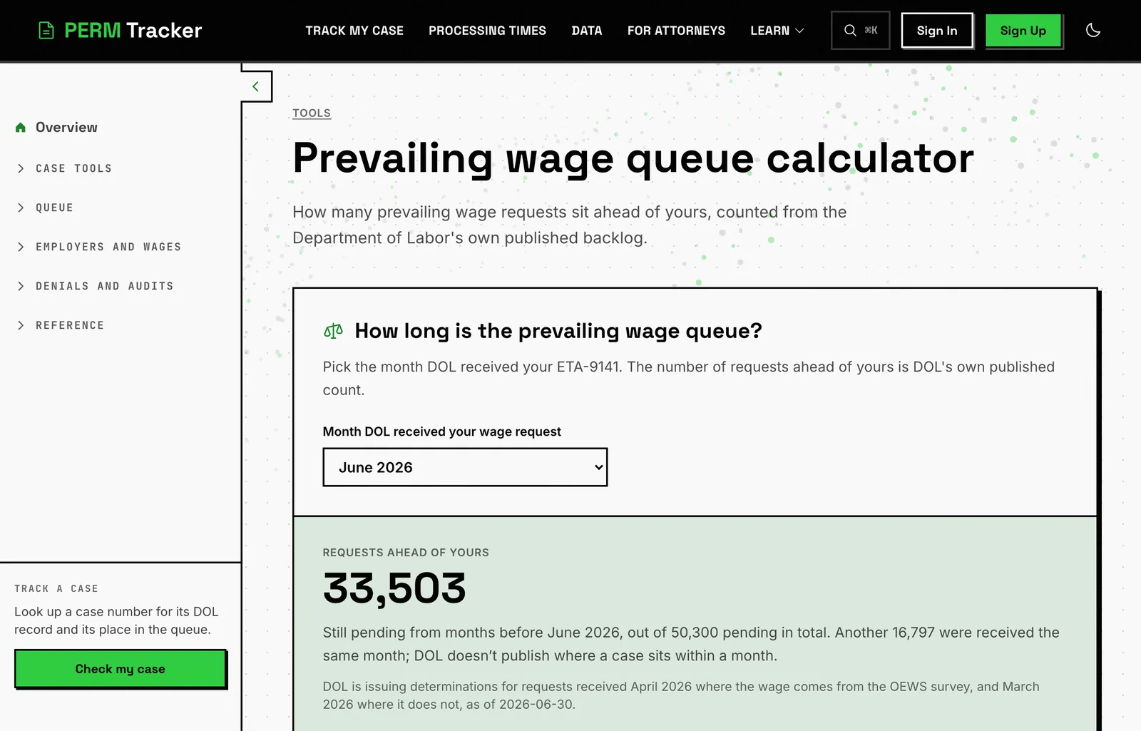 The prevailing wage queue calculator showing requests ahead of a chosen filing month
