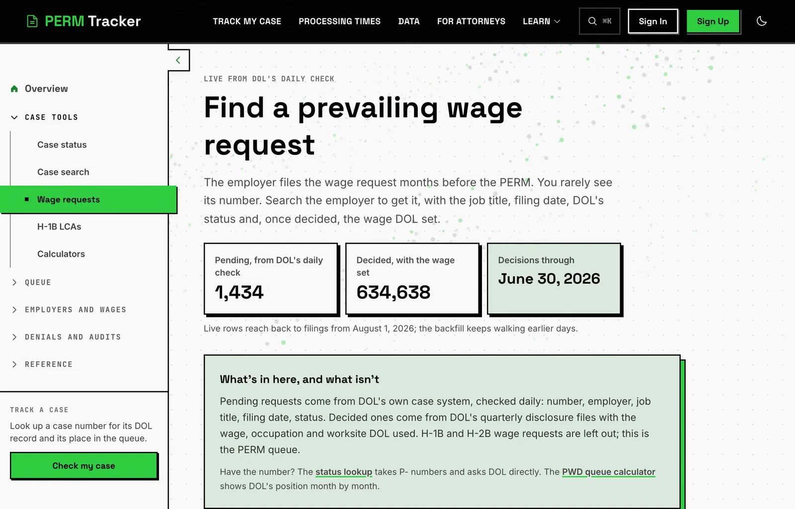 The wage request search, showing pending and decided counts