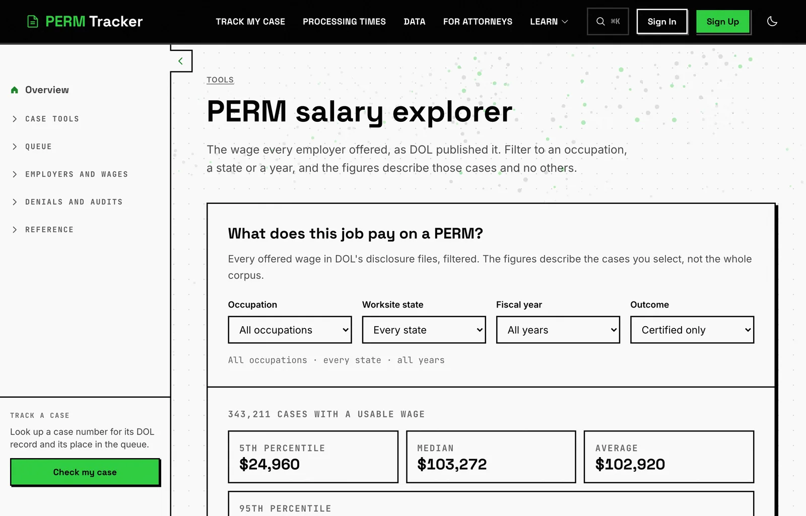 The salary explorer, filtering the wage distribution by occupation, state and year
