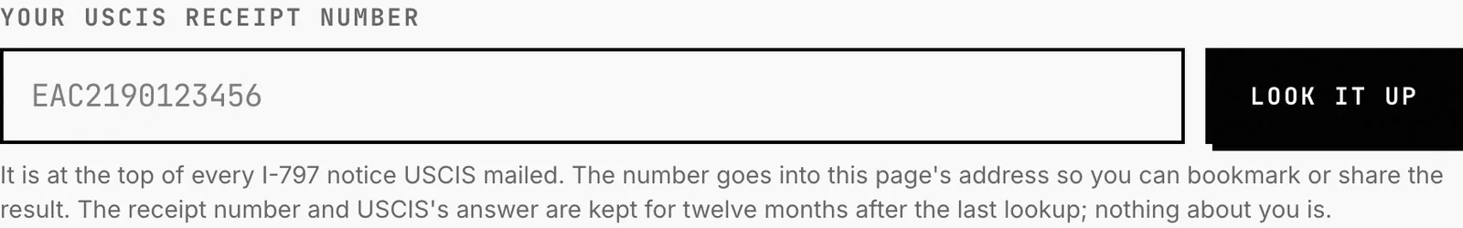 The USCIS case status lookup with one box for a 13-character receipt number