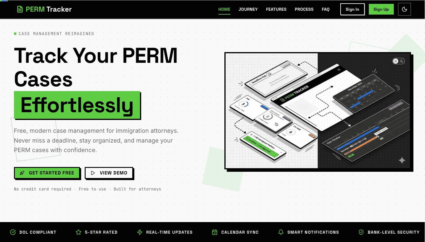 PERM Tracker landing page showcasing the new neobrutalist visual design