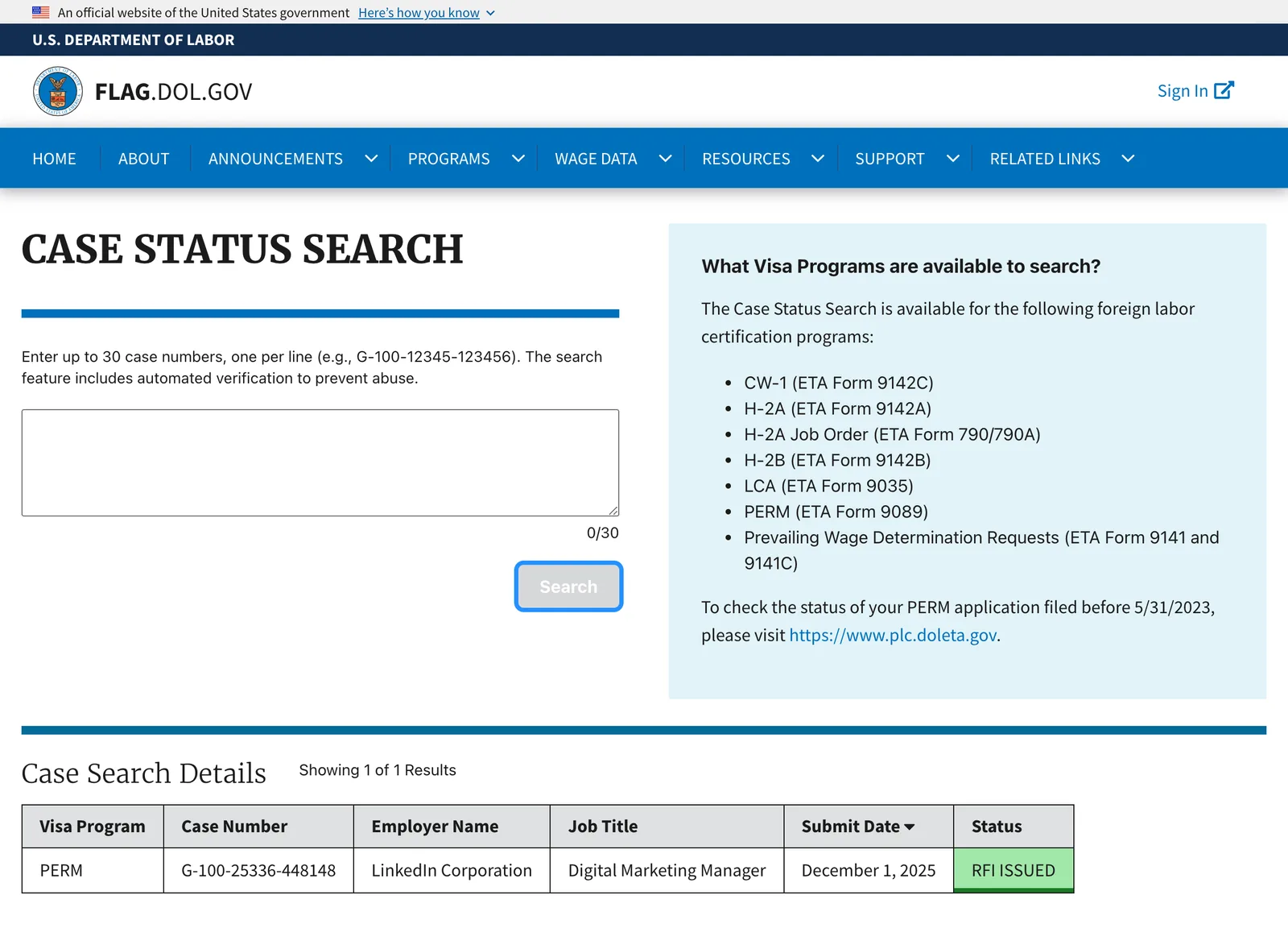 DOL's case status search on flag.dol.gov, answering RFI ISSUED for one LinkedIn Corporation PERM case.