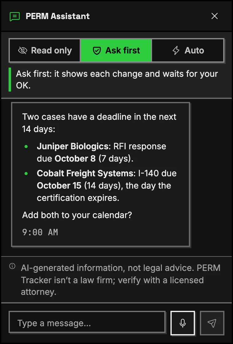 The assistant answering which sample cases have something due in the next two weeks: the Juniper Biologics RFI response on October 8 and the Cobalt Freight Systems I-140 on October 15.