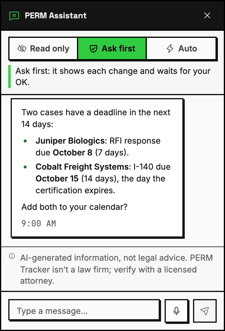The assistant answering which sample cases have something due in the next two weeks: the Juniper Biologics RFI response on October 8 and the Cobalt Freight Systems I-140 on October 15.