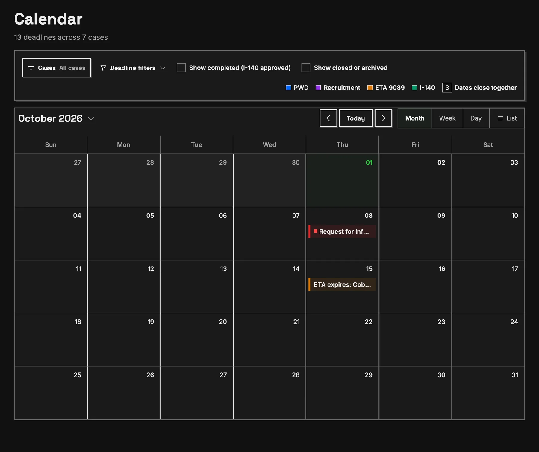 The calendar's month view for October 2026 with the sample firm's RFI response and ETA 9089 expiration.