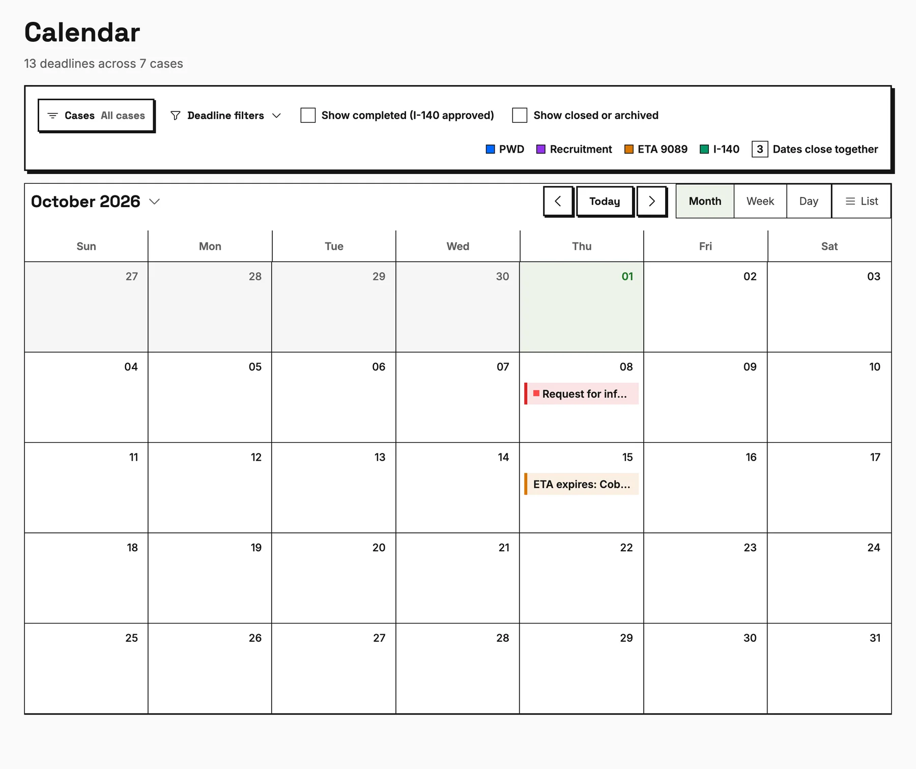 The calendar's month view for October 2026 with the sample firm's RFI response and ETA 9089 expiration.