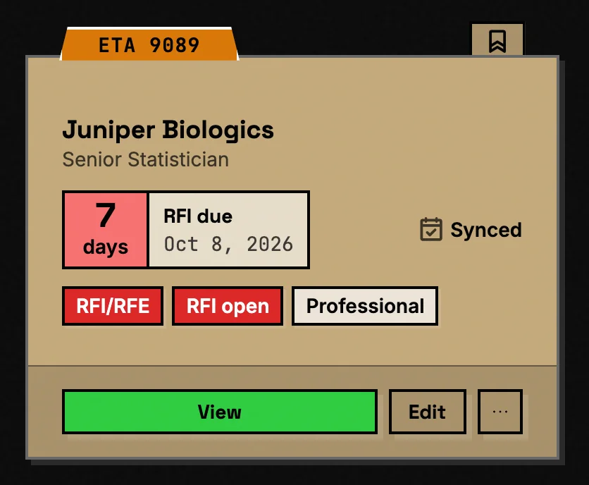 A sample case's card on the cases page: Juniper Biologics, ETA 9089 stage, RFI response due in 7 days.