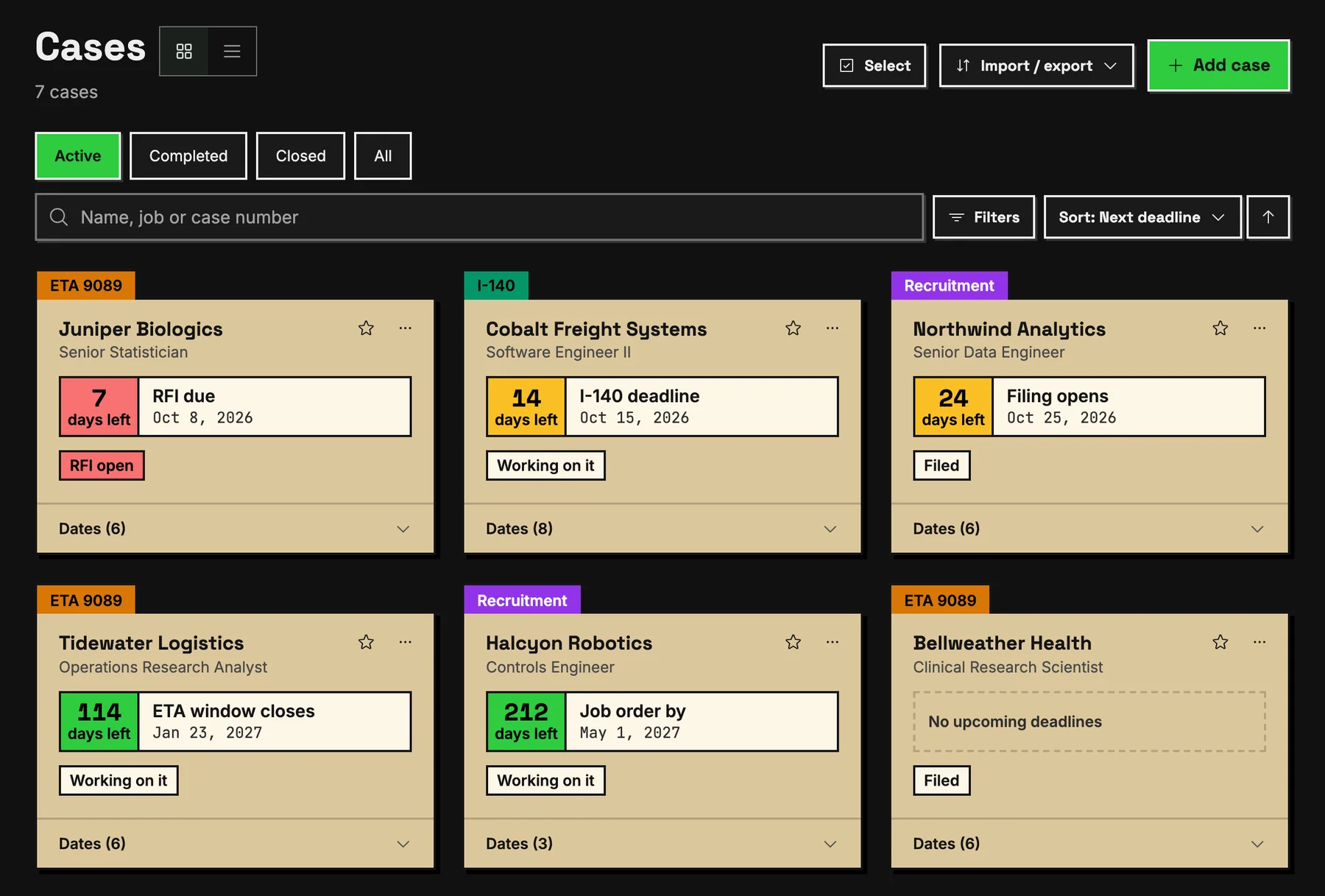 The cases page showing the sample cases as cards, each with its stage, its next deadline and the days left.